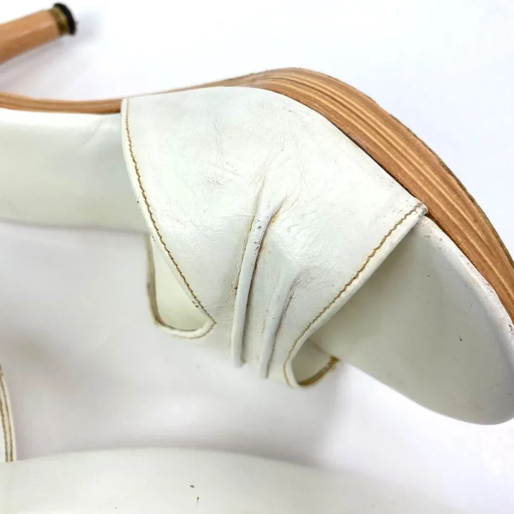 Vintage Made In Japan White Slip-On Heel Shoes 8.5 Open Toe Wood Lounge Resort